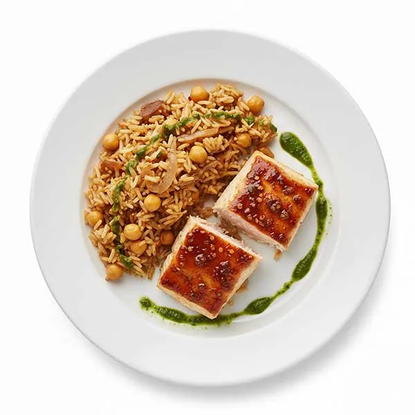 Zesty Chipotle-glazed Fish with Chickpea & Caramelized Onion Pilaf & Cilantro Drizzle